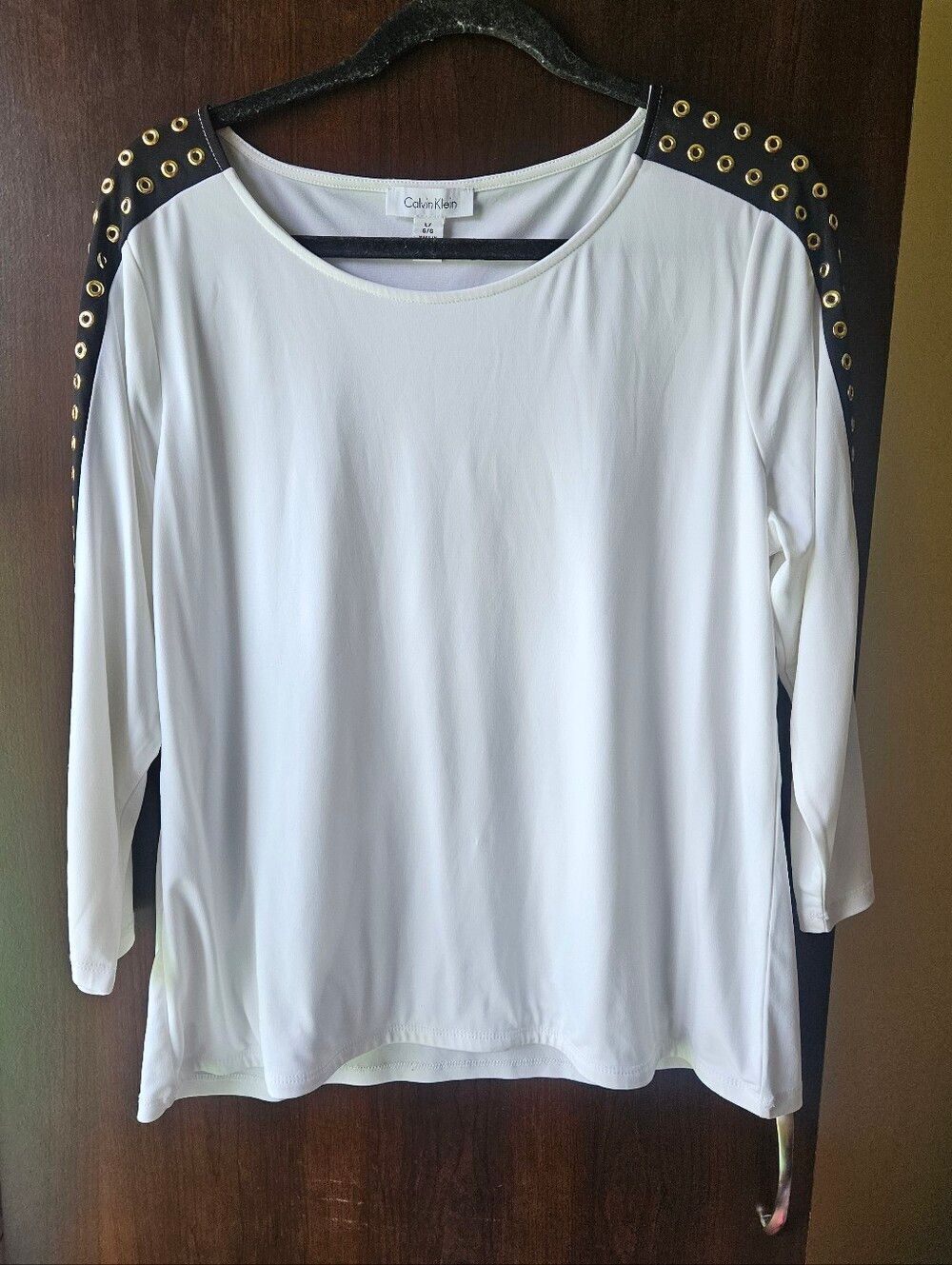 Calvin Klein White Long-Sleeve Top with Black Grommet-Trim Shoulders Size Large